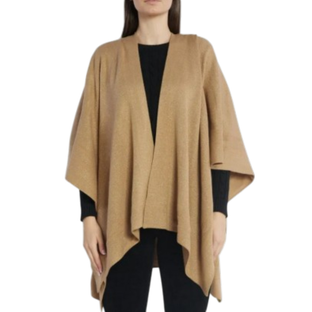 Lauren Ralph Lauren Jet Set Sparkle Knit Ruana Wrap Cape Sweater Camel/Gold